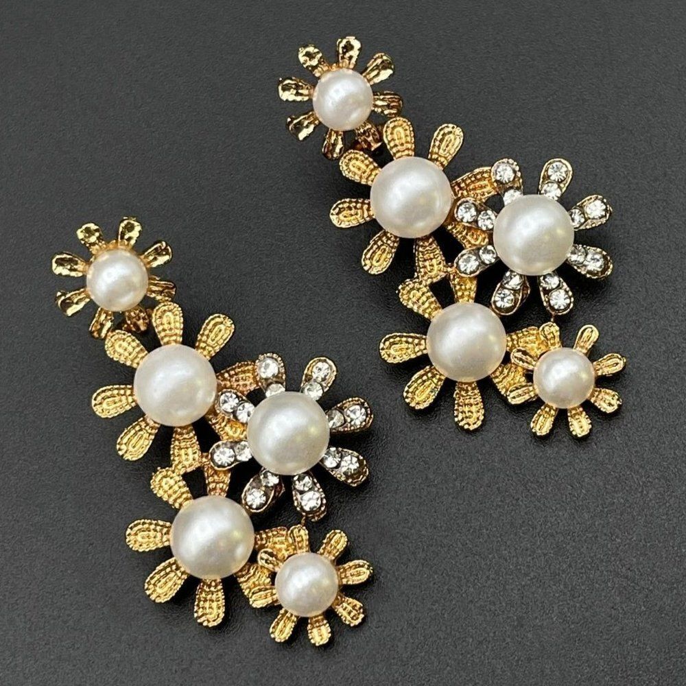 Yellow Gold with White Diamond Crystal and Pearl Flower Post Back Drop Earrings